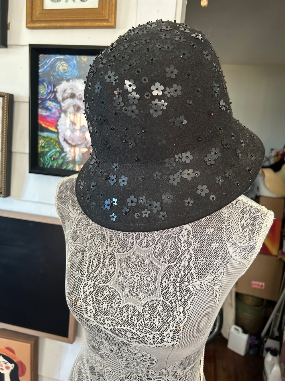 West Elm Black Sequin Floral Bucket Hat